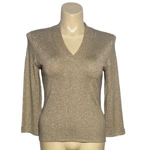 Cullen L Sweater Knit Top Gold‎ Metallic Beige Knit 3/4 Sl V Neck Trim Cozy Work
